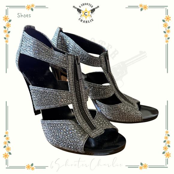 MICHAEL Michael Kors Berkley T-Strap Silver Rhinestones Glitter Heels Size 9M - Picture 1 of 6